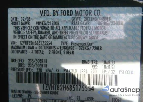 2008 Ford Mustang Gt from USA, damaged, VIN 1ZVHT82H685175554